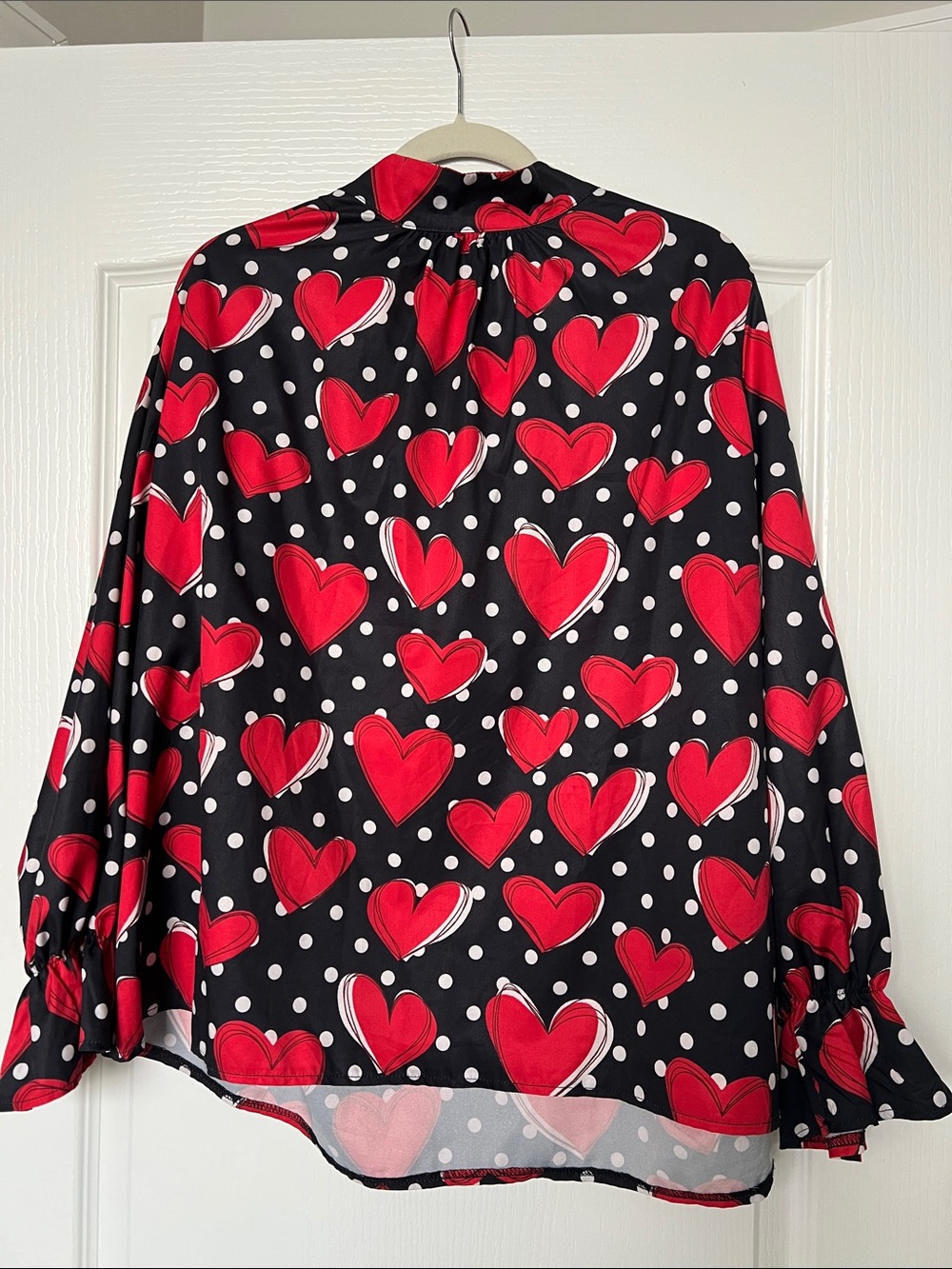 SHEIN Black Blouse with Red Heart & White Polka Dot Print